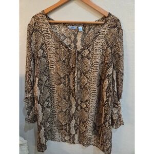 IZOD Womens 1X Snakeskin Print V-Neck Blouse Brown Animal Print 3/4 Sleeve Top